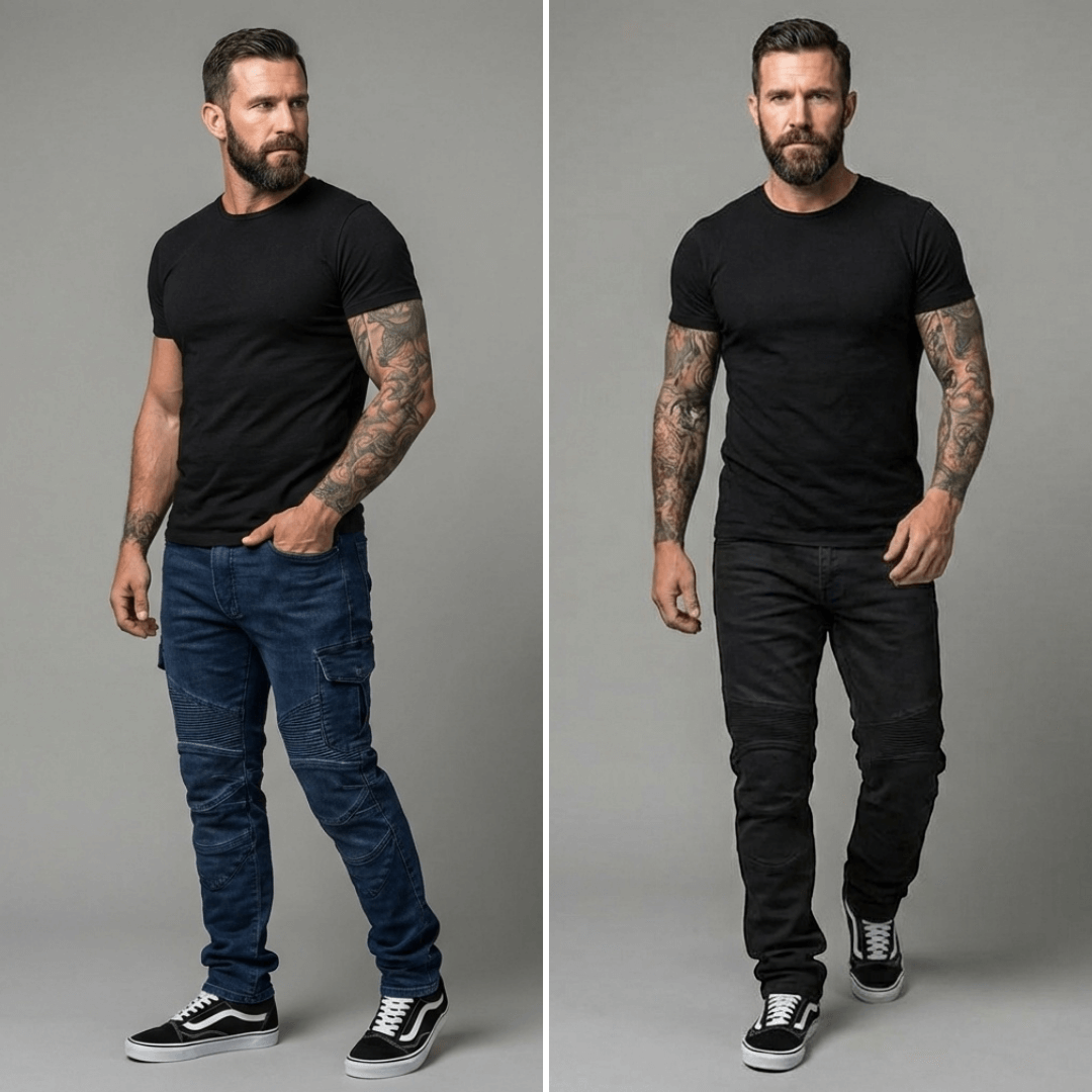 Two full-length views of a bearded man in a black T-shirt and black and white trainers, wearing dark blue NORDRYK Redback motorcycle jeans on the left and black Redback jeans on the right against a grey studio backdrop