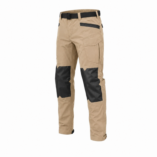 Sand-coloured NORDRYK Sentinel motorcycle trousers on a white background, with black knee panels, a black belt, a zipped hip pocket, a flap cargo pocket on the thigh and a strap tab at each hem