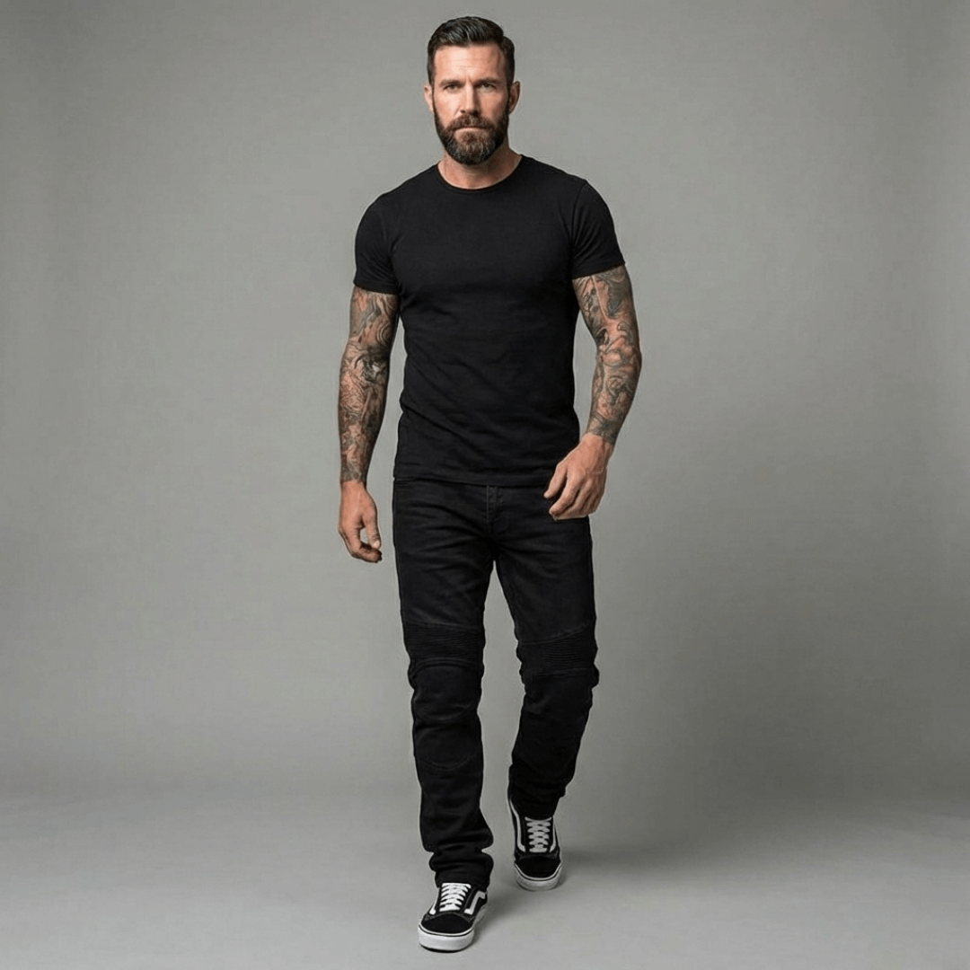 Man in a black T-shirt and black NORDRYK Redback motorcycle jeans with ribbed knee panels and black trainers, walking towards the camera against a plain grey studio backdrop
