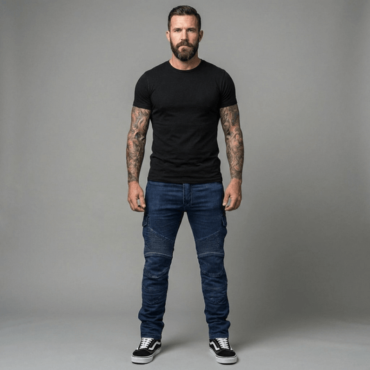 Man in a black T-shirt and dark blue NORDRYK Redback motorcycle jeans with ribbed knee panels and black trainers, standing against a plain grey studio backdrop