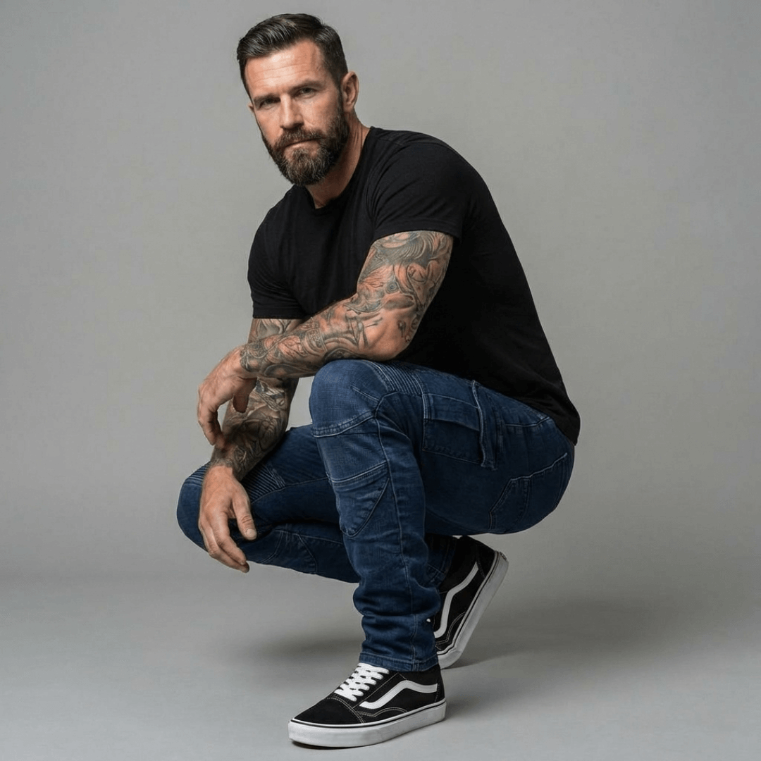 Man crouching low in dark blue NORDRYK Redback stretch jeans and a black T-shirt against a plain grey studio wall, the denim bending easily at the knee and hip