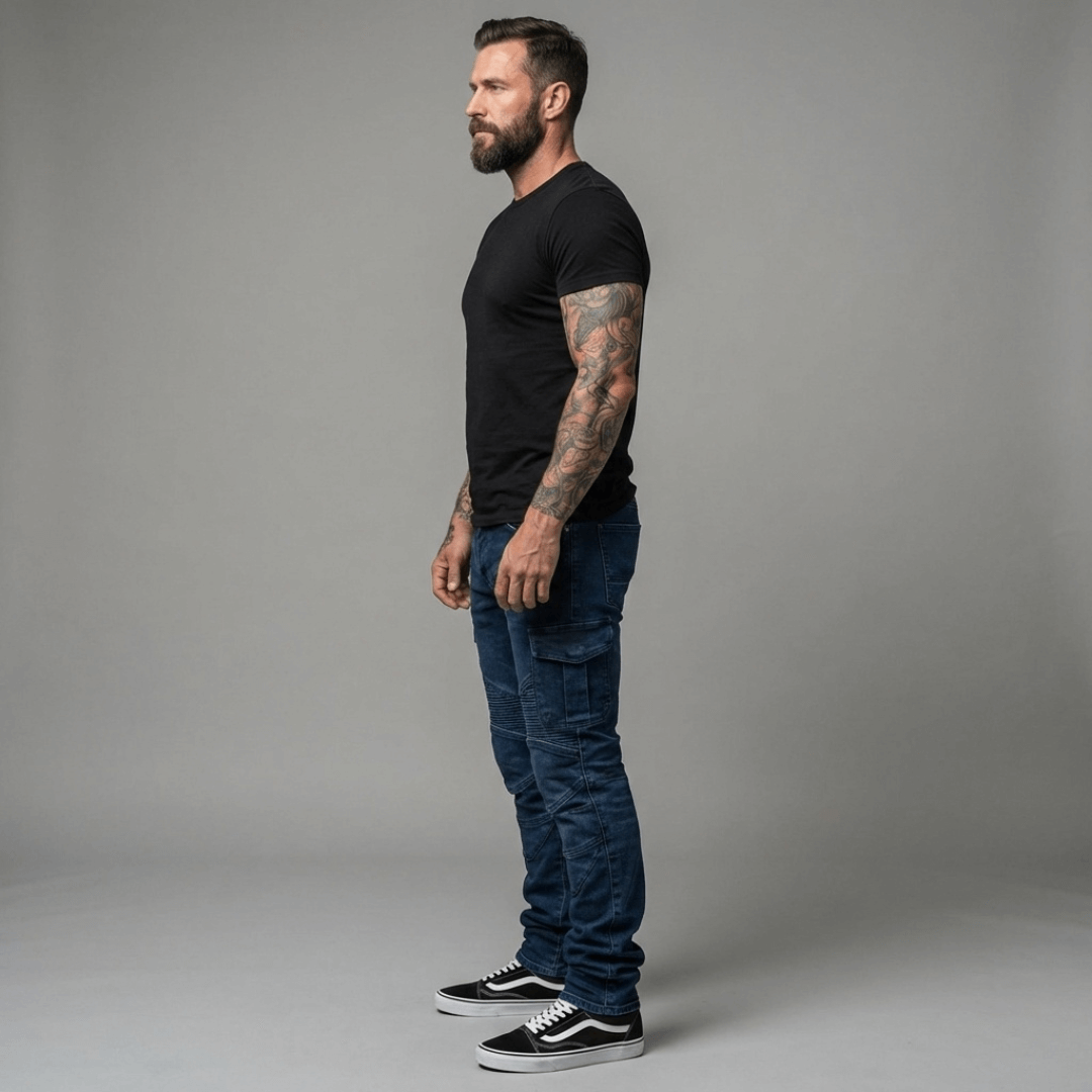 Man in a black t-shirt standing in side profile in blue NORDRYK Redback motorcycle jeans and black trainers against a plain grey studio wall, with a flap cargo pocket on the thigh and ribbed panels over the knee