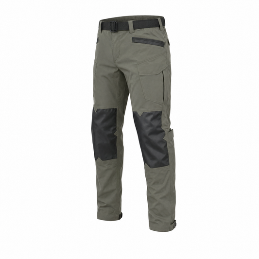 Olive NORDRYK Sentinel motorcycle trousers on a white background, with black knee panels, a black zipped hip pocket, a flap cargo pocket on the thigh, a strap tab at each hem and a black web belt