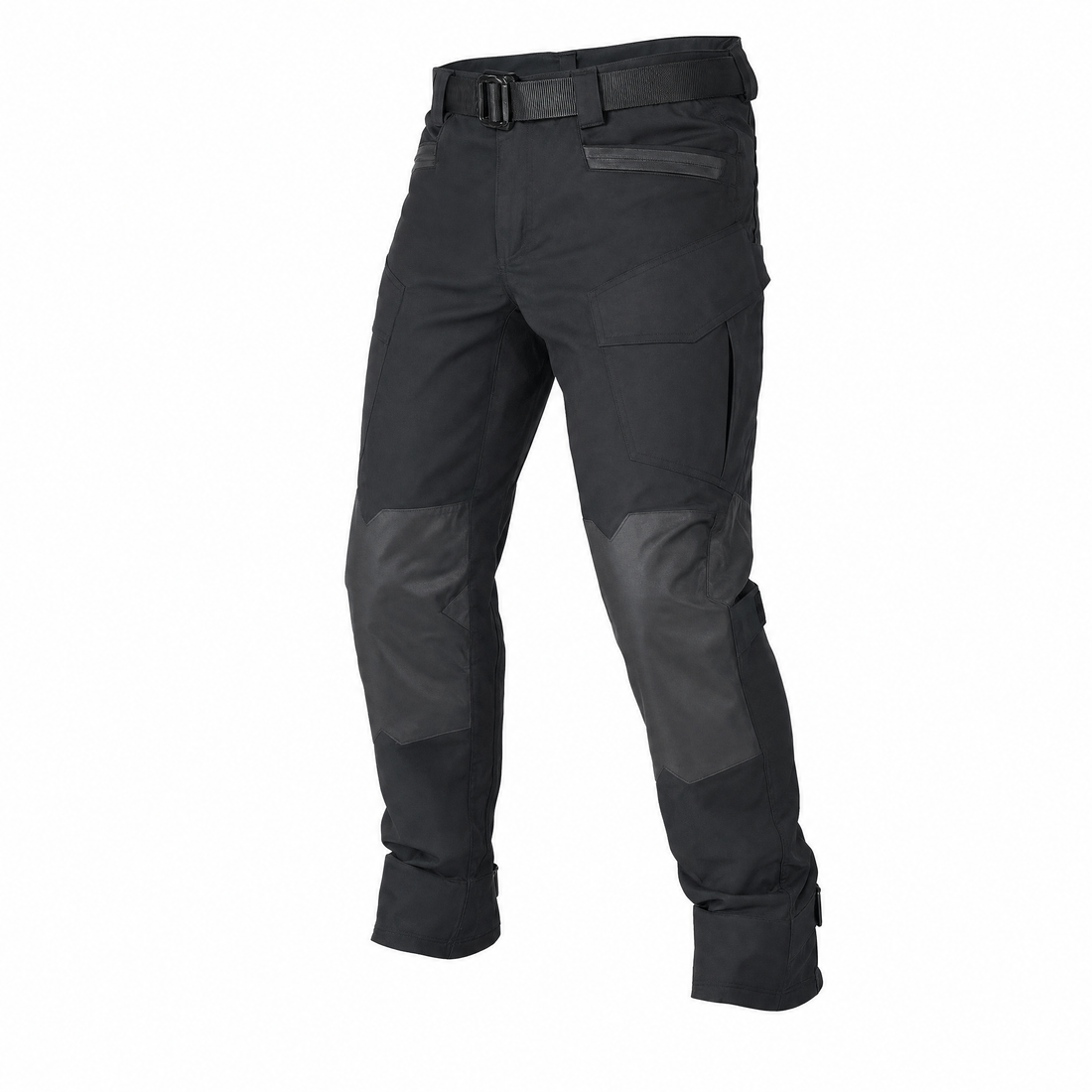 Black NORDRYK Sentinel motorcycle trousers on a white background, with a cargo pocket, charcoal knee panels, a black belt and ankle tabs