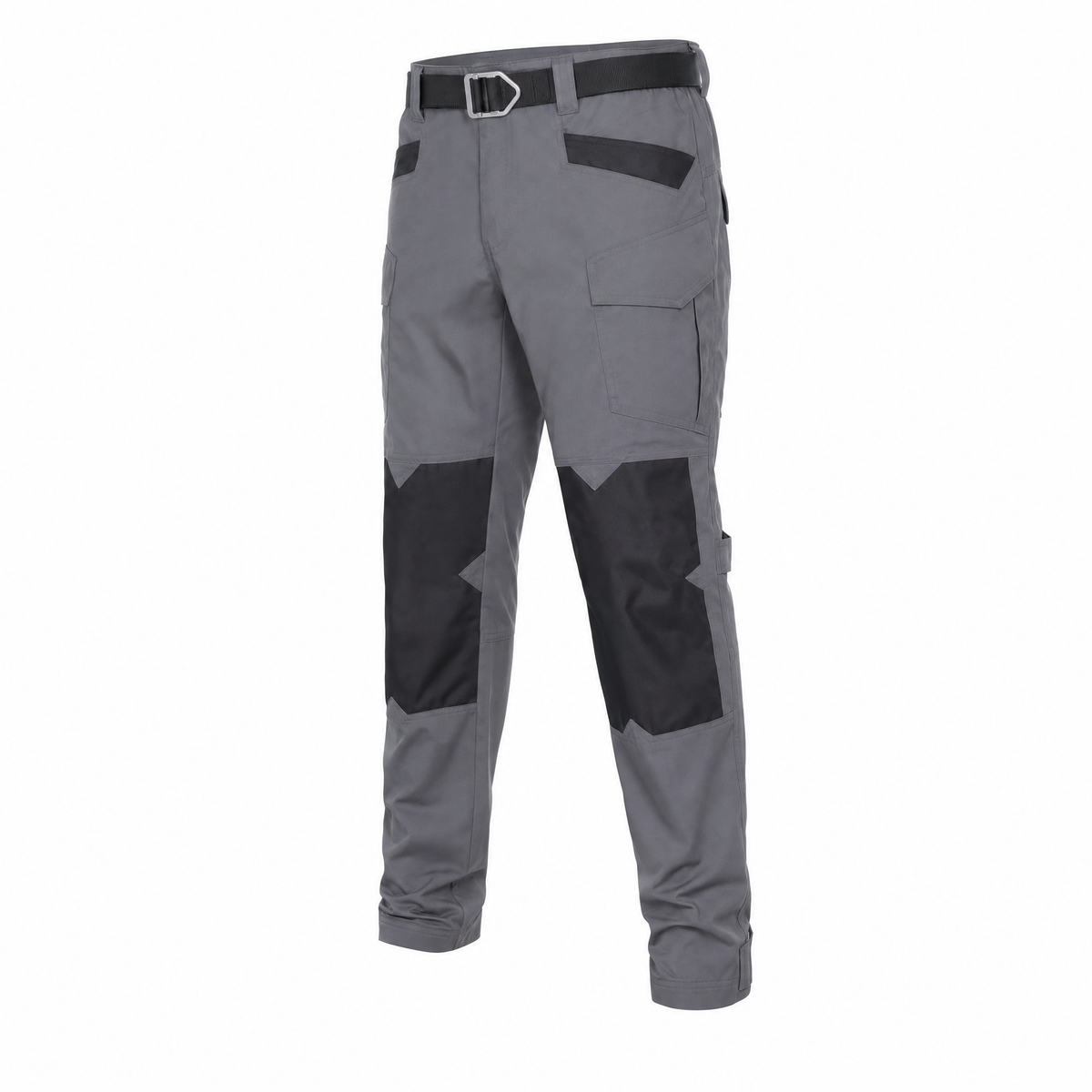 Grey NORDRYK Sentinel motorcycle trousers on a white background, with black knee panels, black trim on the hip pocket, a flap cargo pocket on the thigh and a black web belt with a silver metal buckle