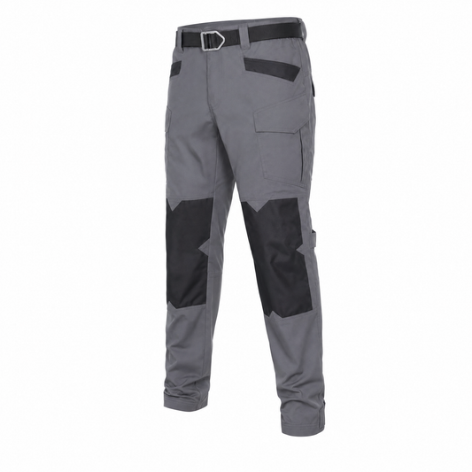 Grey cargo riding trousers on a white background with a black web belt through the belt loops, a metal D-ring buckle, black knee panels and a large thigh pocket