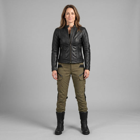 Rider in olive cargo riding trousers and a black leather jacket standing full length in a grey studio, the trouser hems resting over tall black boots