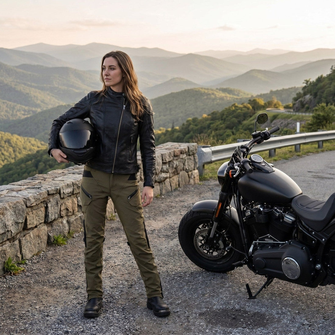 Woman rider in olive NORDRYK RoadVault cargo trousers and a black leather jacket, holding a helmet beside a black cruiser motorcycle at a mountain viewpoint