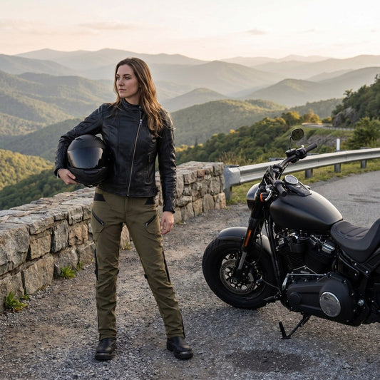 Woman rider in olive NORDRYK RoadVault cargo trousers and a black leather jacket, holding a helmet beside a black cruiser motorcycle at a mountain viewpoint