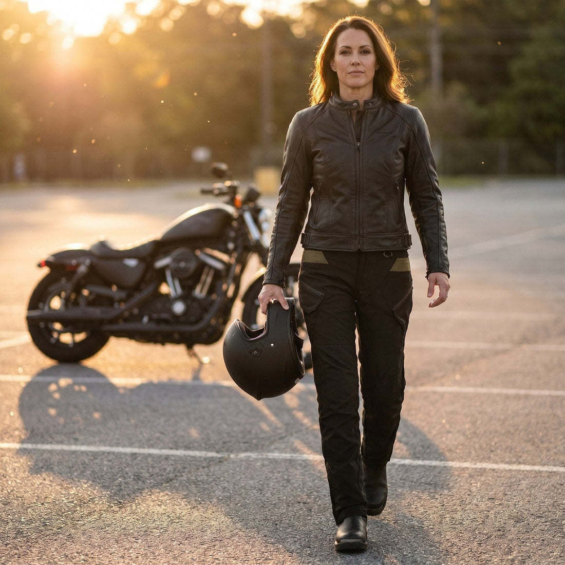 Woman in a black leather jacket and black NORDRYK RoadVault riding trousers with olive waist panels, walking across a car park at sunset with a helmet in her hand and a black motorcycle behind her