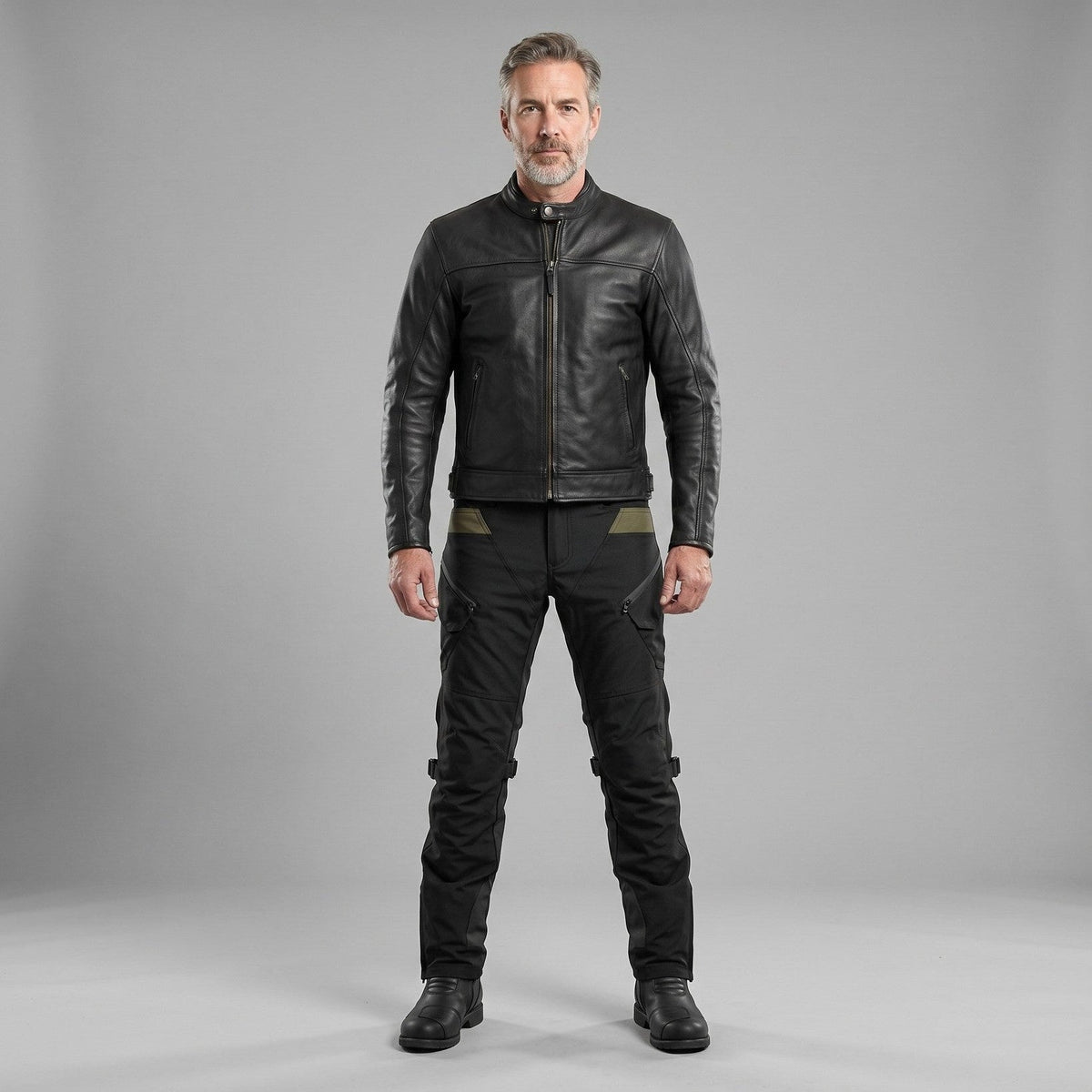 Rider in a black leather jacket and black NORDRYK RoadVault cargo trousers with olive waist panels in a grey studio, trouser hems worn over black ankle boots