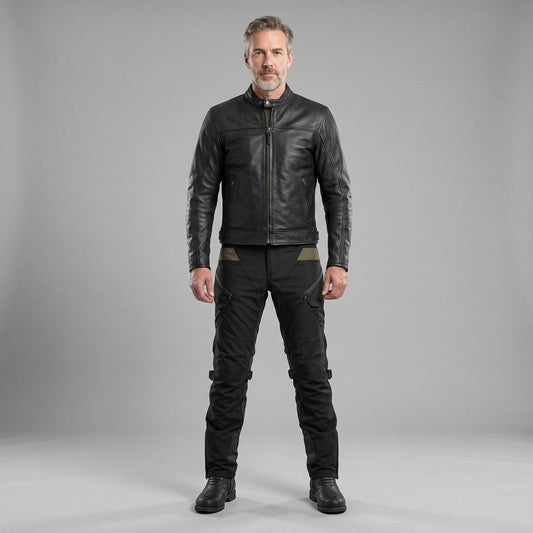 Rider in a black leather jacket and black NORDRYK RoadVault cargo trousers with olive waist panels in a grey studio, trouser hems worn over black ankle boots