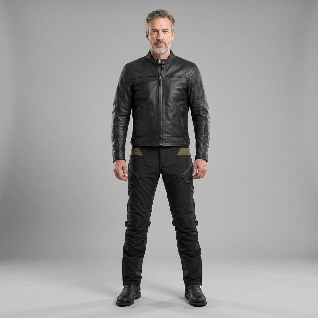 Man standing in black NORDRYK RoadVault cargo motorcycle trousers and a black leather jacket, front view, cargo pockets visible at the thigh
