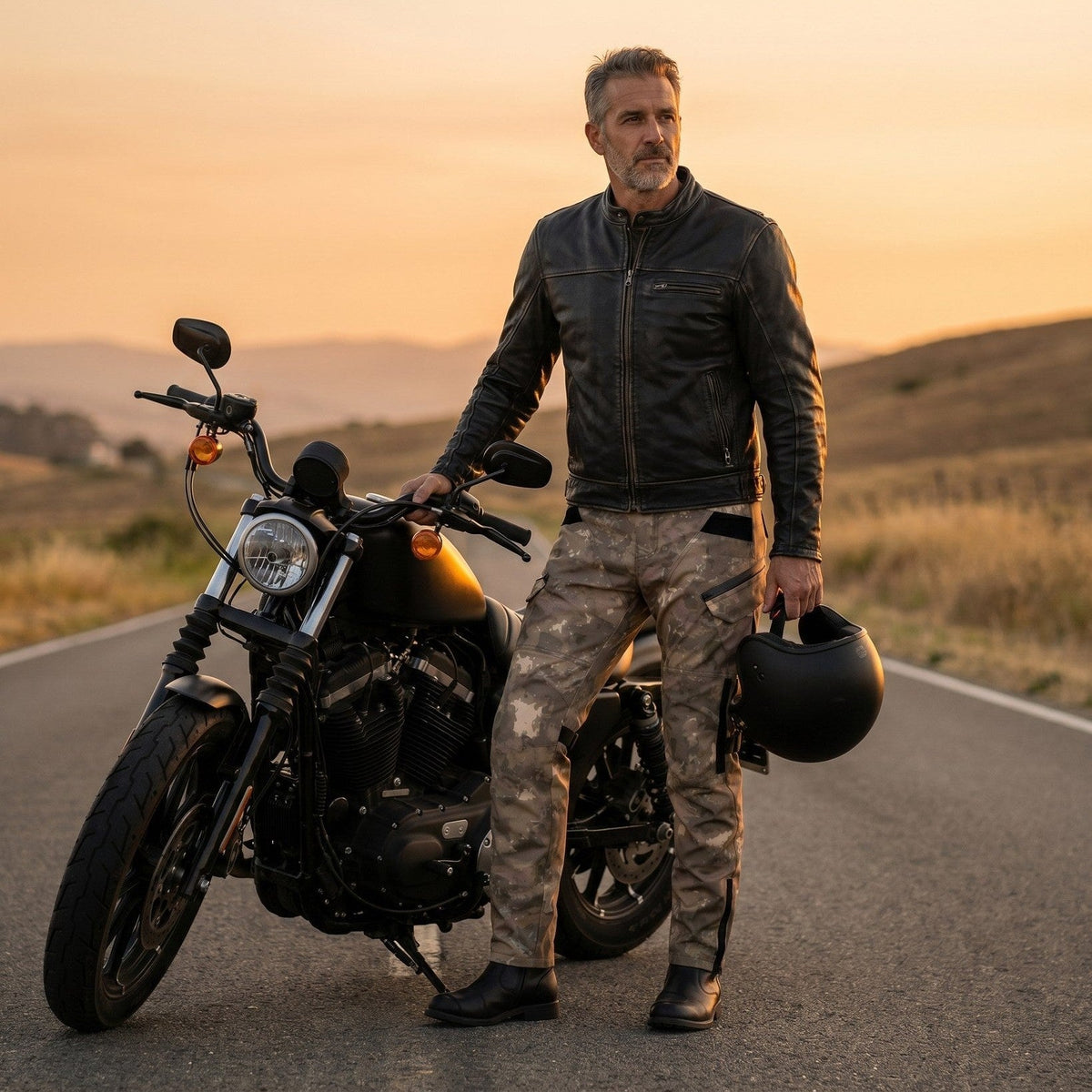 Rider in camo cargo motorcycle trousers, a black leather jacket and black boots holding a helmet beside a motorcycle on an empty road at sunset