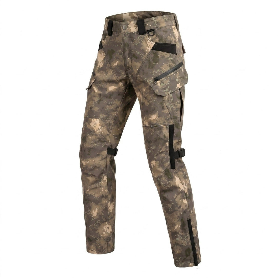 NORDRYK RoadVault cargo motorcycle trousers in camo laid flat on a white background, showing the thigh cargo pockets, black straps below the knee and ankle zips