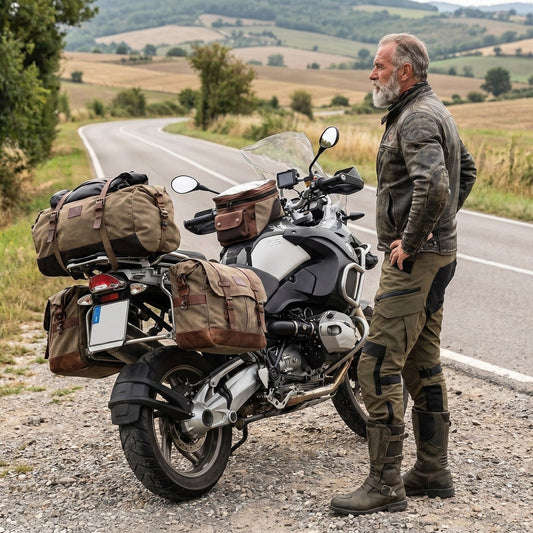 Rider in olive motorcycle touring trousers standing beside a heavily-loaded adventure motorcycle with fabric panniers, on a rural road through European farmland
